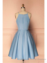 Sky Blue A Line Satin Blue Spaghetti Straps Short Semi Formal Prom Dresses
